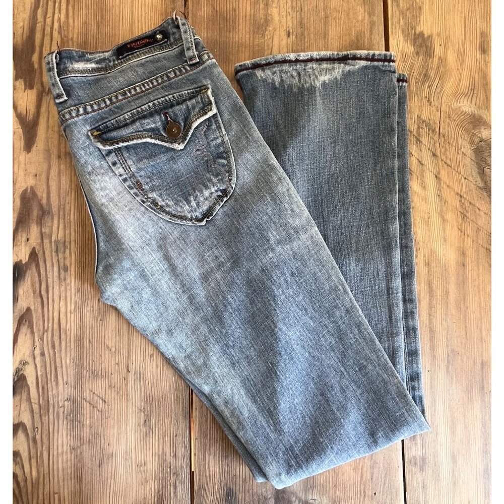 Vigoss Low Rise Bootcut Jeans Juniors 7 Lightwash Flap Pocket Distressed Y2K - Picture 5 of 9
